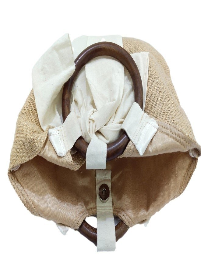 ATHZ handbags wooden handles Potli Bags with Handcrafted Bow Detail hand carry artistic wristlets bags for women (Jute Brown, Cream) - Image 3